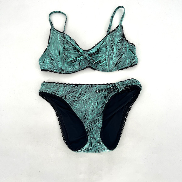 Vtg Betsey Johnson Swimsuit Womens M & L Blue Embellished 2 Piece Bikini‎ - Picture 1 of 12
